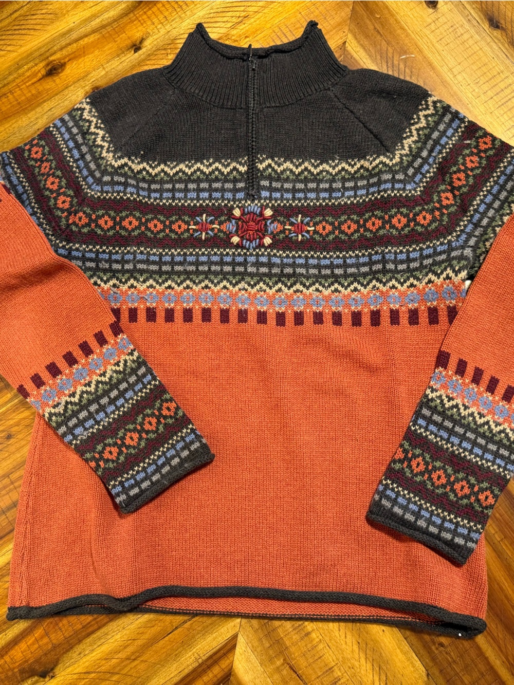 Eddie Bauer Rust and Black Fair Isle Zip-Front Sweater